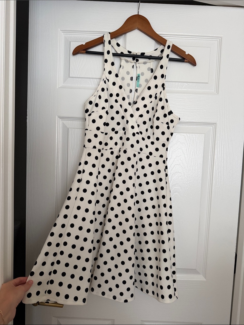 Polka Dot V-Neck A-Line Dress - White with Black Dots